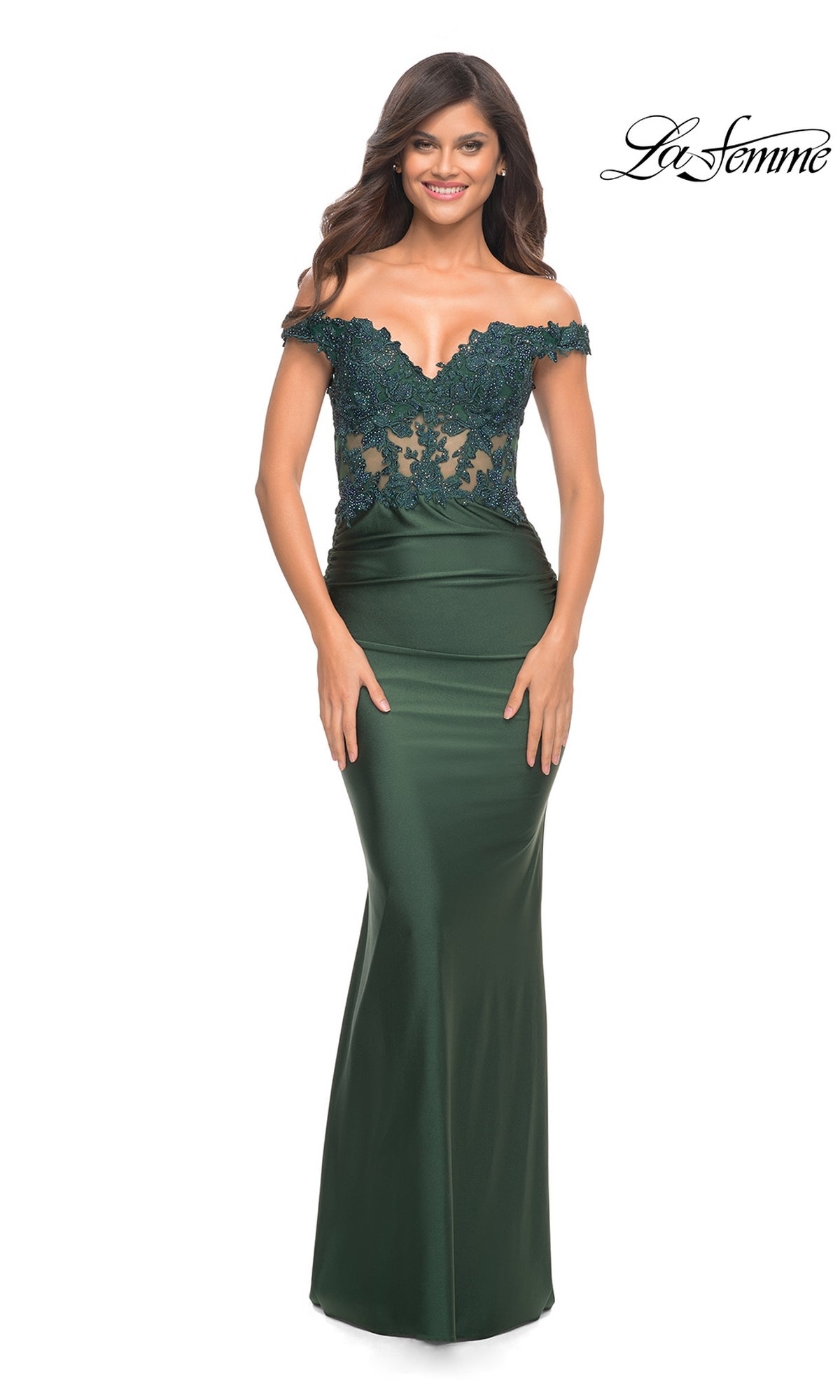 An Emerald Lace-Bodice La Femme Off-the-Shoulder Prom Dress is modeled against a white background, with the La Femme logo in the top right corner.